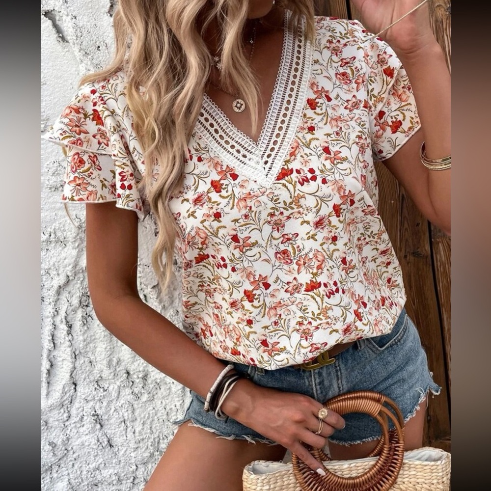 Floral V-Neck Blouse - Cream and Red - Picture 2 of 7